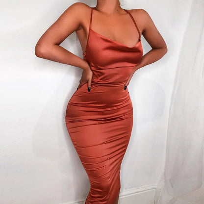 Satin Cowl Neck Spaghetti Strap Open Side Ruched Bodycon Midi Dress