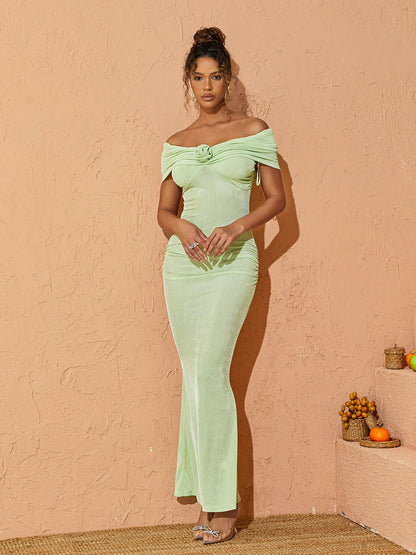 Off Shoulder Rosette Applique Ruched Bodycon Maxi Dress