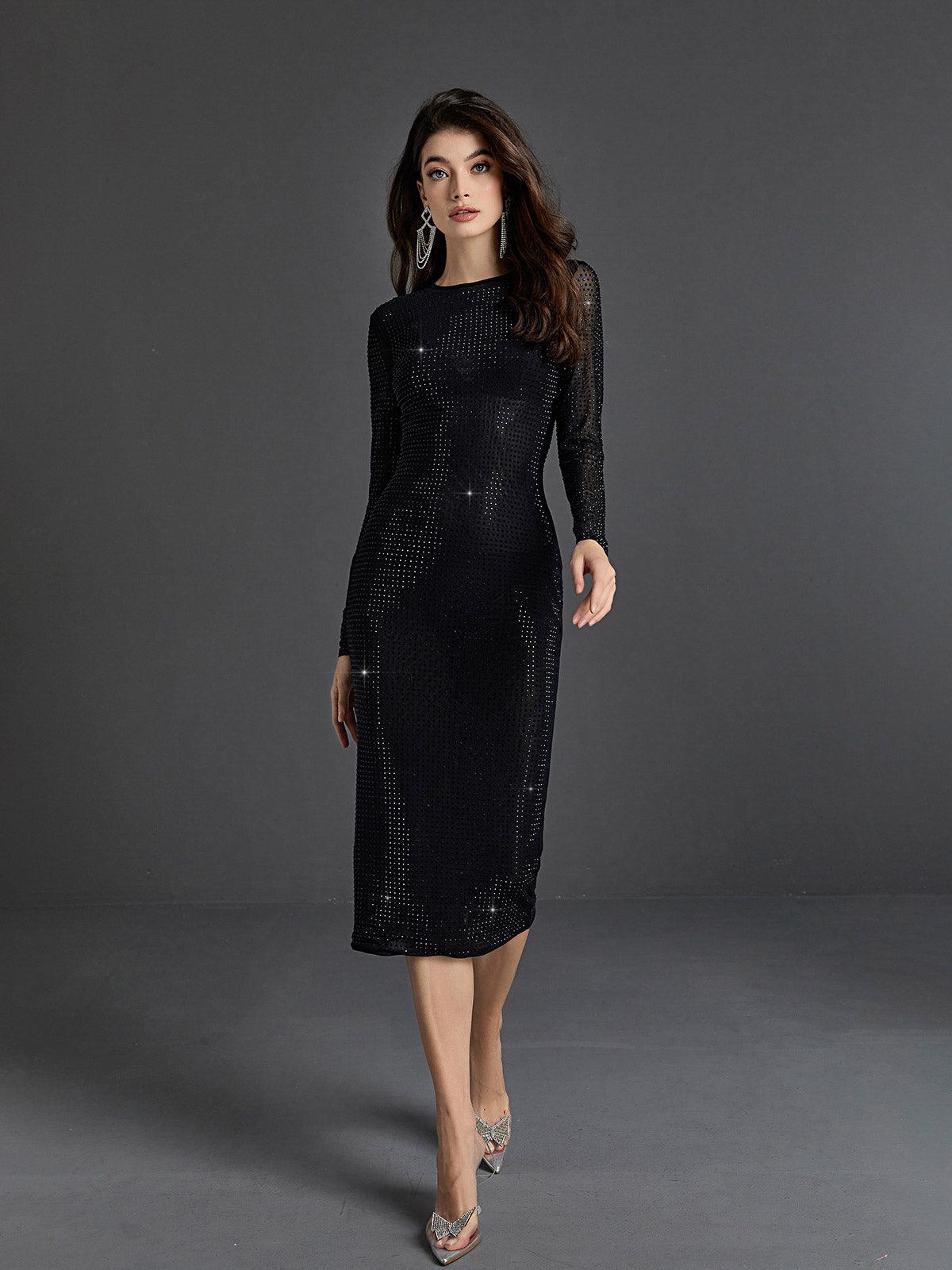 Crew Neck Long Sleeve Rhinestone Grid Mesh Midi Dress