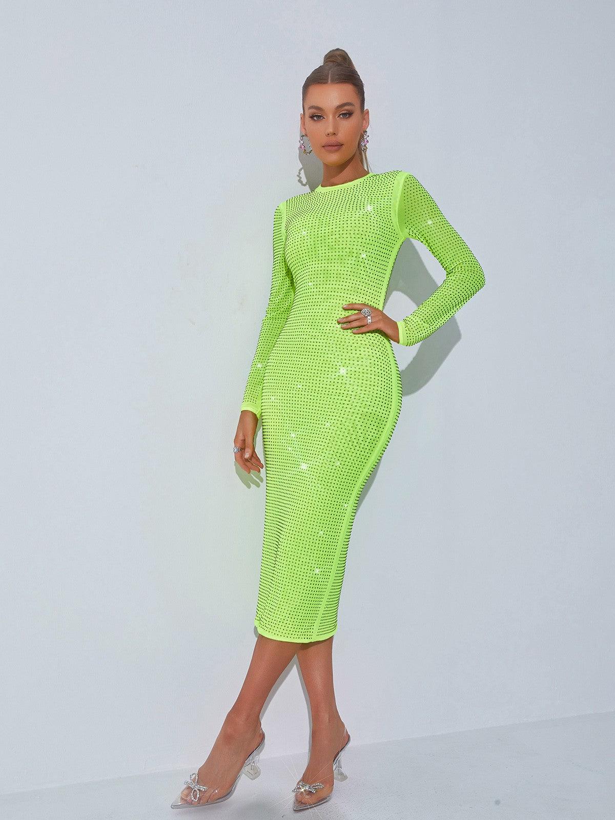 Crew Neck Long Sleeve Rhinestone Grid Mesh Bodycon Midi Dress