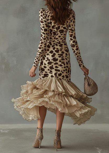 Deep V-Neck Print Tiered Ruffle High-Low Midi Dress