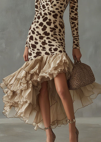 Deep V-Neck Print Tiered Ruffle High-Low Midi Dress