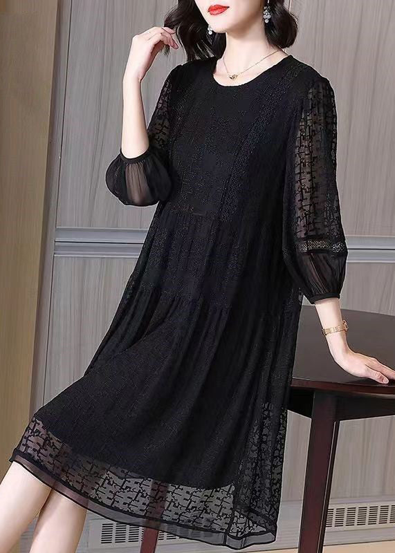 Crew Neck Three Quarter Sleeve Geometric Lace Tiered Midi Dress