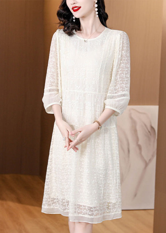 Crew Neck Three Quarter Sleeve Geometric Lace Tiered Midi Dress