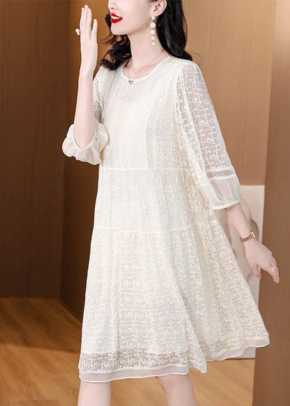 Crew Neck Three Quarter Sleeve Geometric Lace Tiered Midi Dress