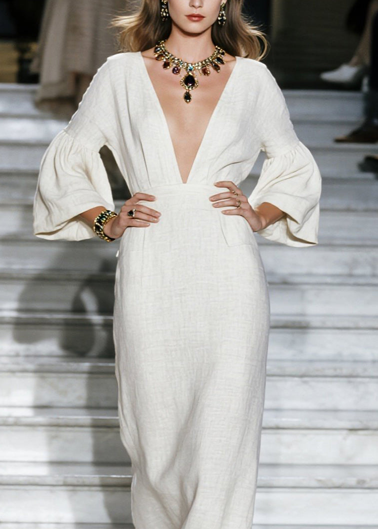 Deep V-Neck Linen Puff Bell Sleeve Floor Length Maxi Dress