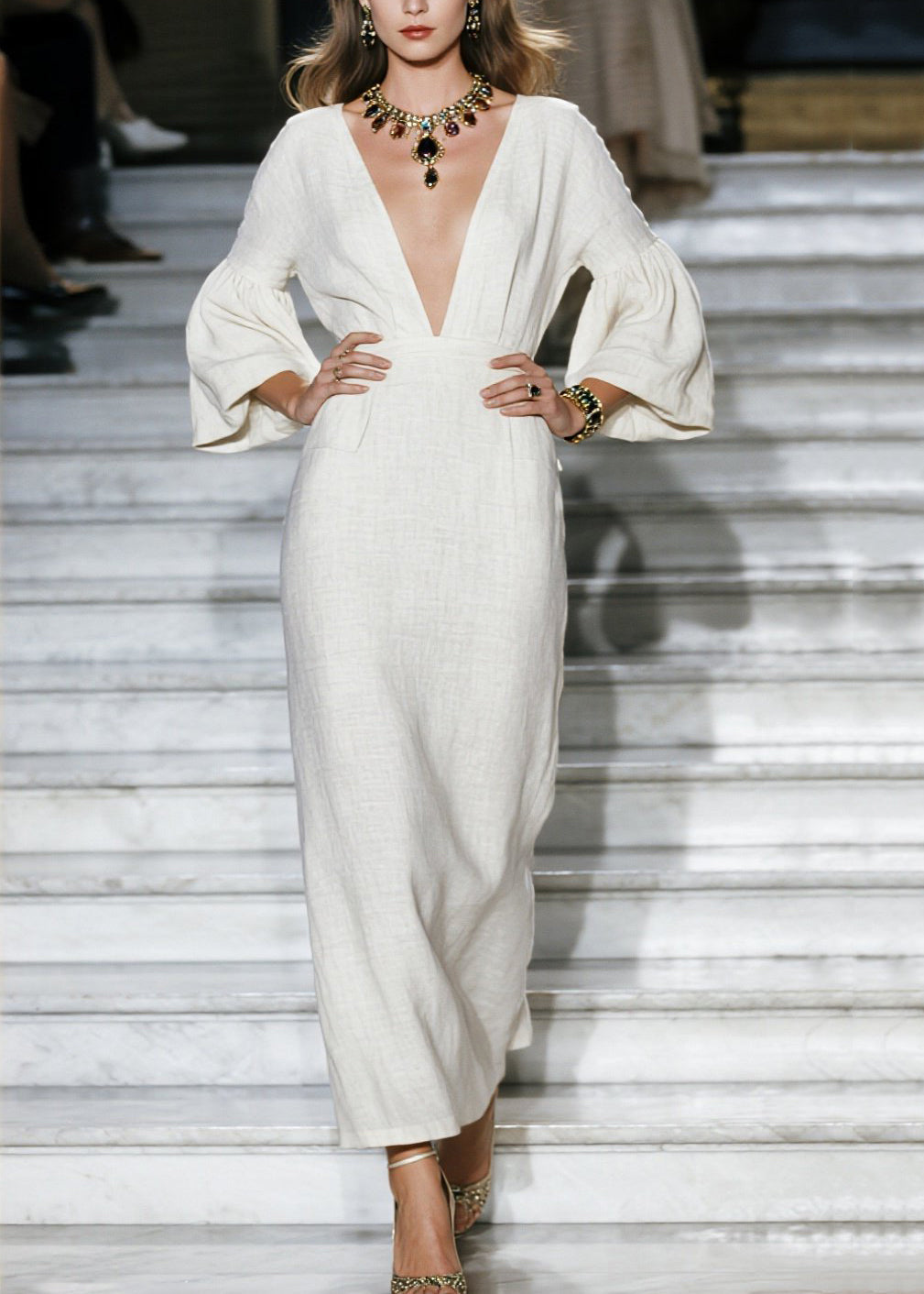 Deep V-Neck Linen Puff Bell Sleeve Floor Length Maxi Dress