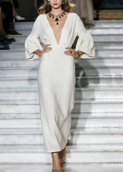 Deep V-Neck Linen Puff Bell Sleeve Floor Length Maxi Dress