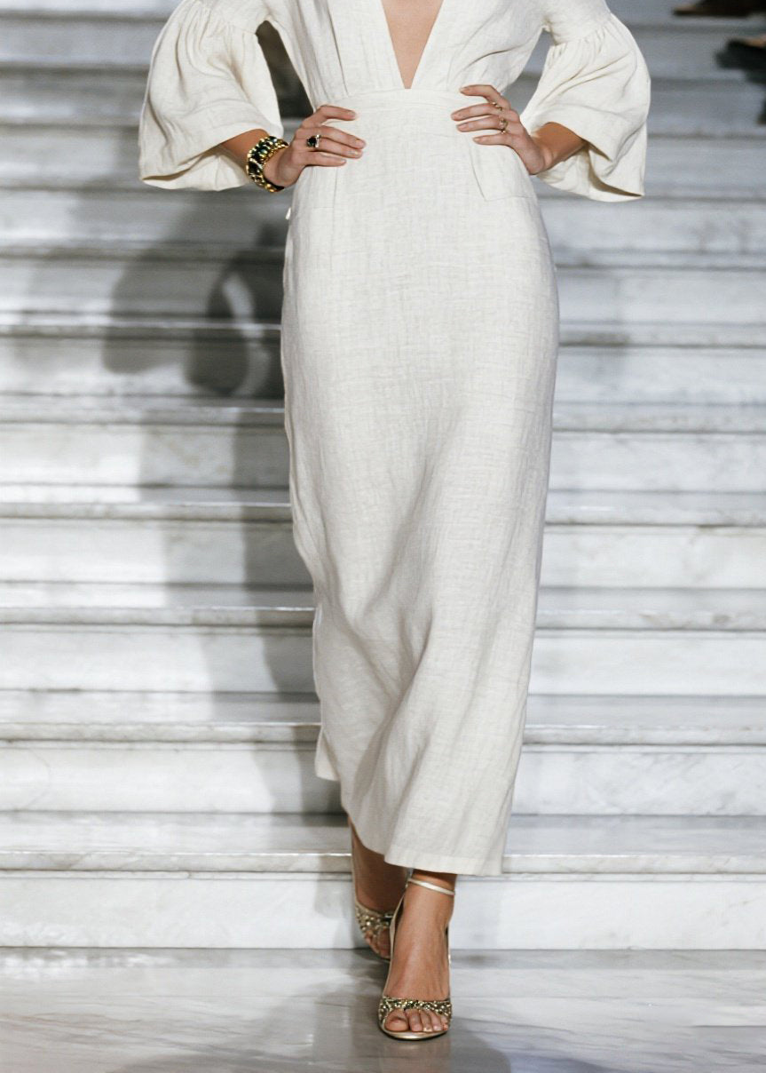 Deep V-Neck Linen Puff Bell Sleeve Floor Length Maxi Dress