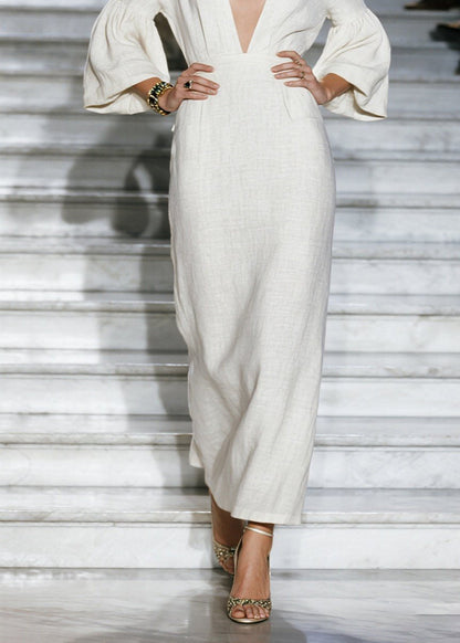 Deep V-Neck Linen Puff Bell Sleeve Floor Length Maxi Dress