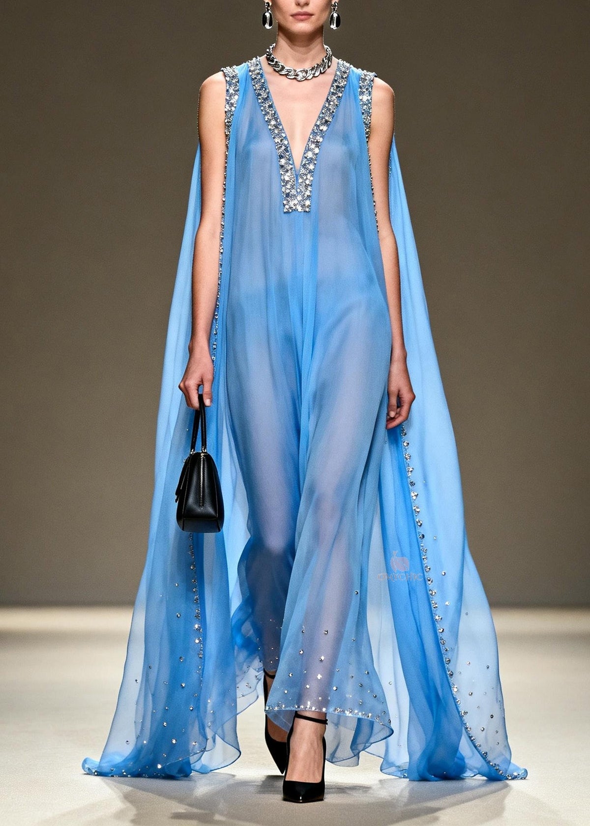 Deep V-Neck Crystal Encrusted Sheer Cape Wide-Leg Jumpsuit