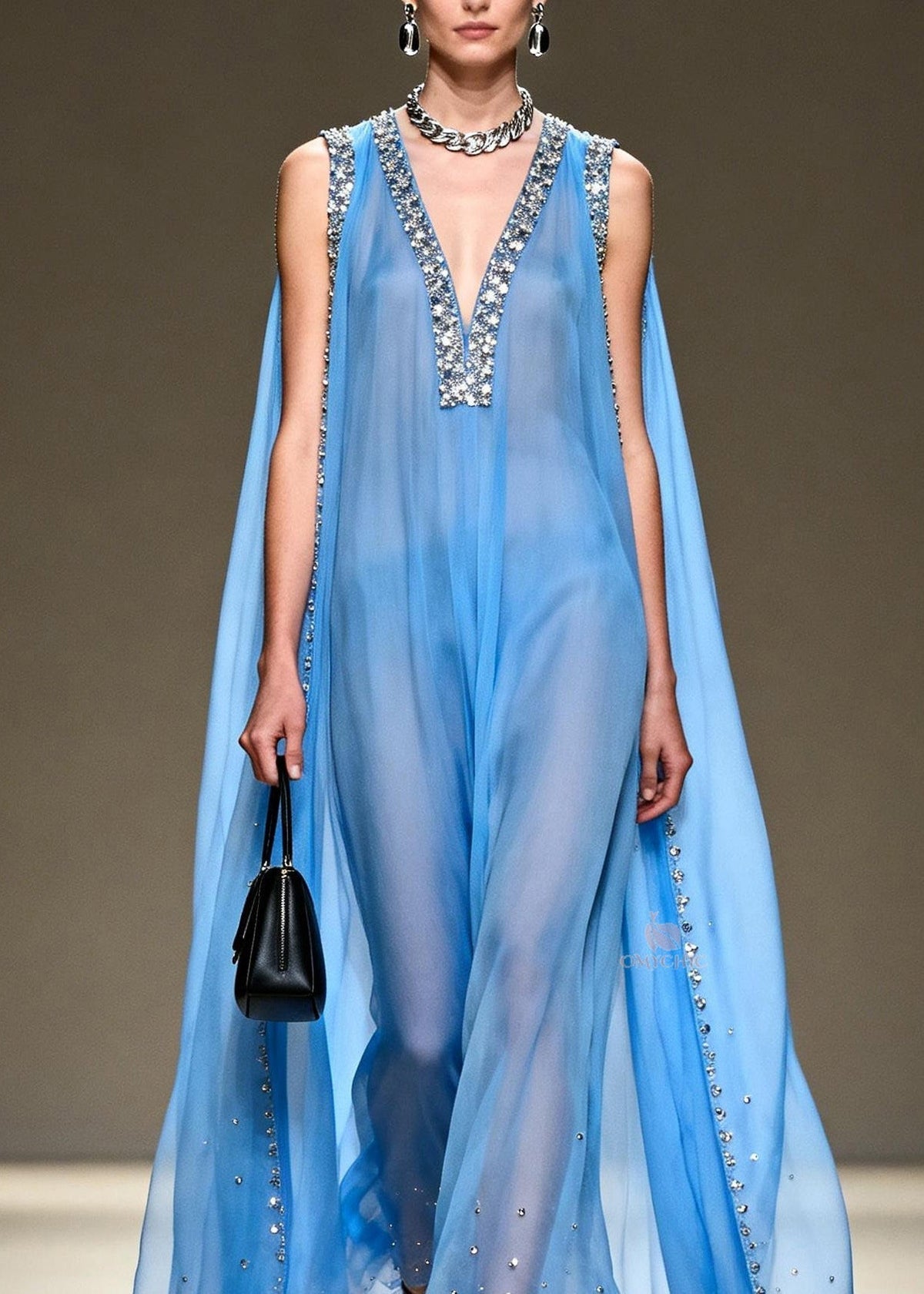 Deep V-Neck Crystal Encrusted Sheer Cape Wide-Leg Jumpsuit