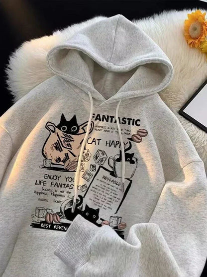 Cat Cartoon Printed Pullover Hoodie
