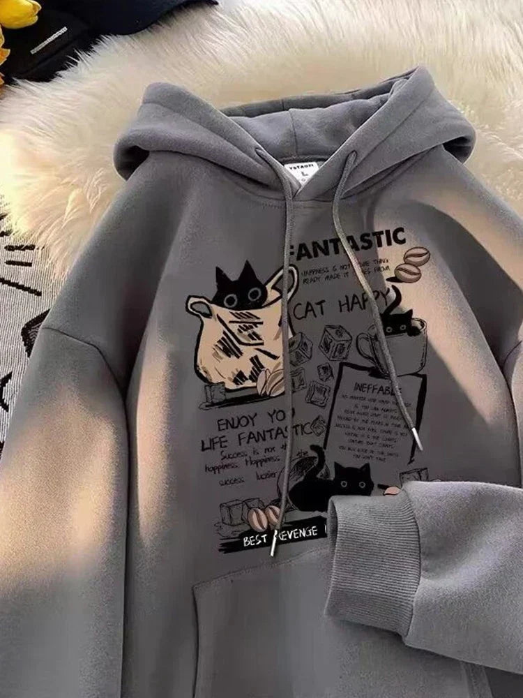Cat Cartoon Printed Pullover Hoodie