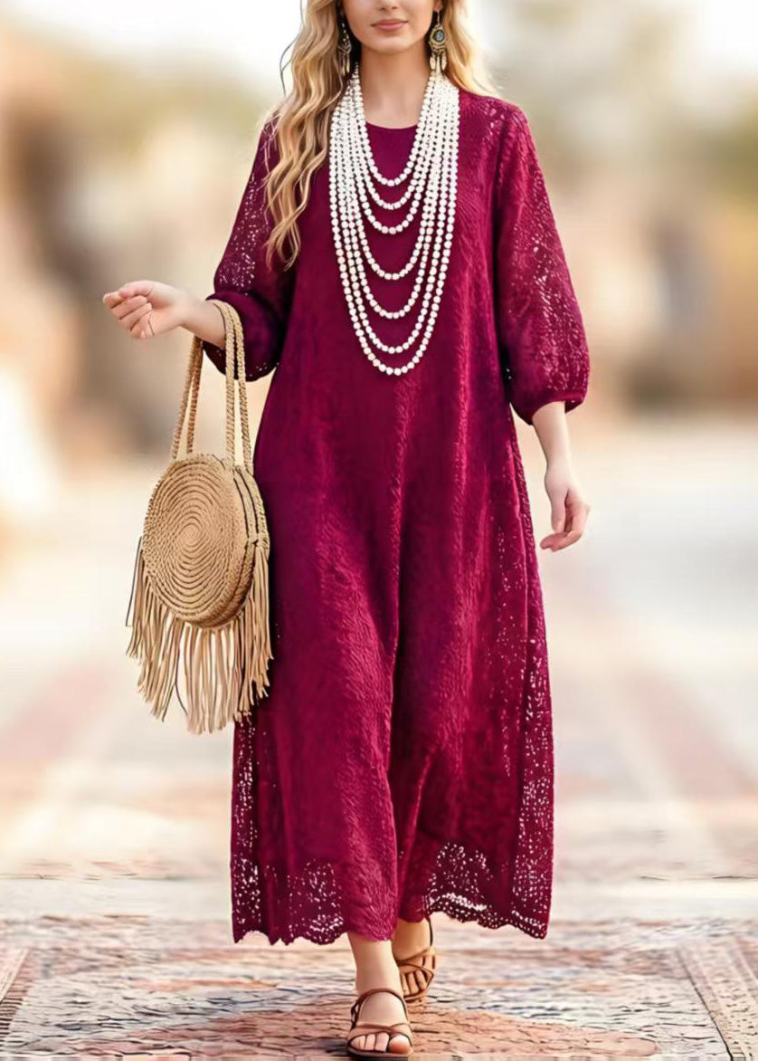 Round Neck Three-Quarter Sleeve Hollow Out Lace Scalloped Hem Maxi Dress