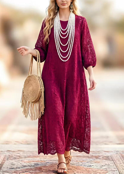 Round Neck Three-Quarter Sleeve Hollow Out Lace Scalloped Hem Maxi Dress