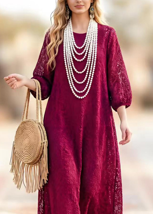 Round Neck Three-Quarter Sleeve Hollow Out Lace Scalloped Hem Maxi Dress