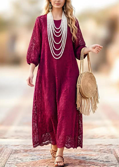 Round Neck Three-Quarter Sleeve Hollow Out Lace Scalloped Hem Maxi Dress