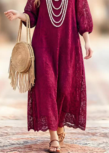 Round Neck Three-Quarter Sleeve Hollow Out Lace Scalloped Hem Maxi Dress