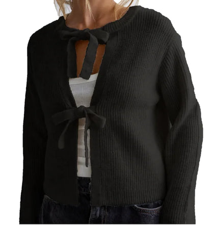 Bow Tie Front Crew Neck Knit Cardigan