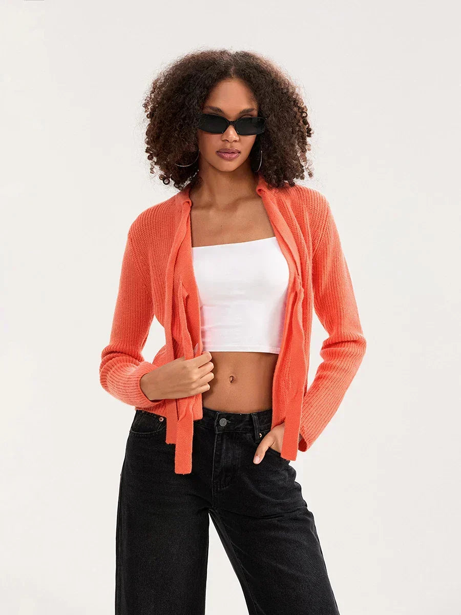 Bow Tie Front Crew Neck Knit Cardigan