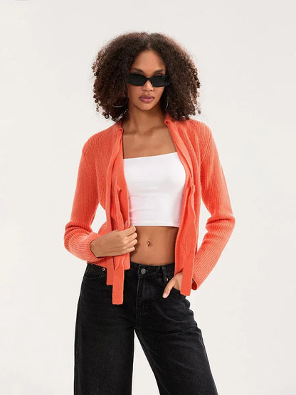 Bow Tie Front Crew Neck Knit Cardigan