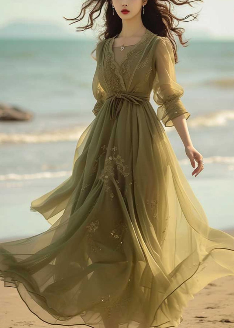 V-Neck Lace Embroidered Sheer Puff Sleeve Tie Waist Chiffon Maxi Dress