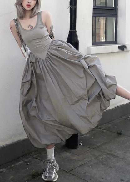 Scoop Neck Sleeveless Crinkled Tiered Balloon Skirt Maxi Dress