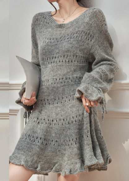 Round Neck Pointelle Mohair Knit Ruffle Cuff Tie Hem Mini Sweater Dress