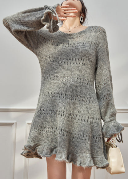 Round Neck Pointelle Mohair Knit Ruffle Cuff Tie Hem Mini Sweater Dress