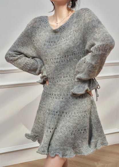 Round Neck Pointelle Mohair Knit Ruffle Cuff Tie Hem Mini Sweater Dress