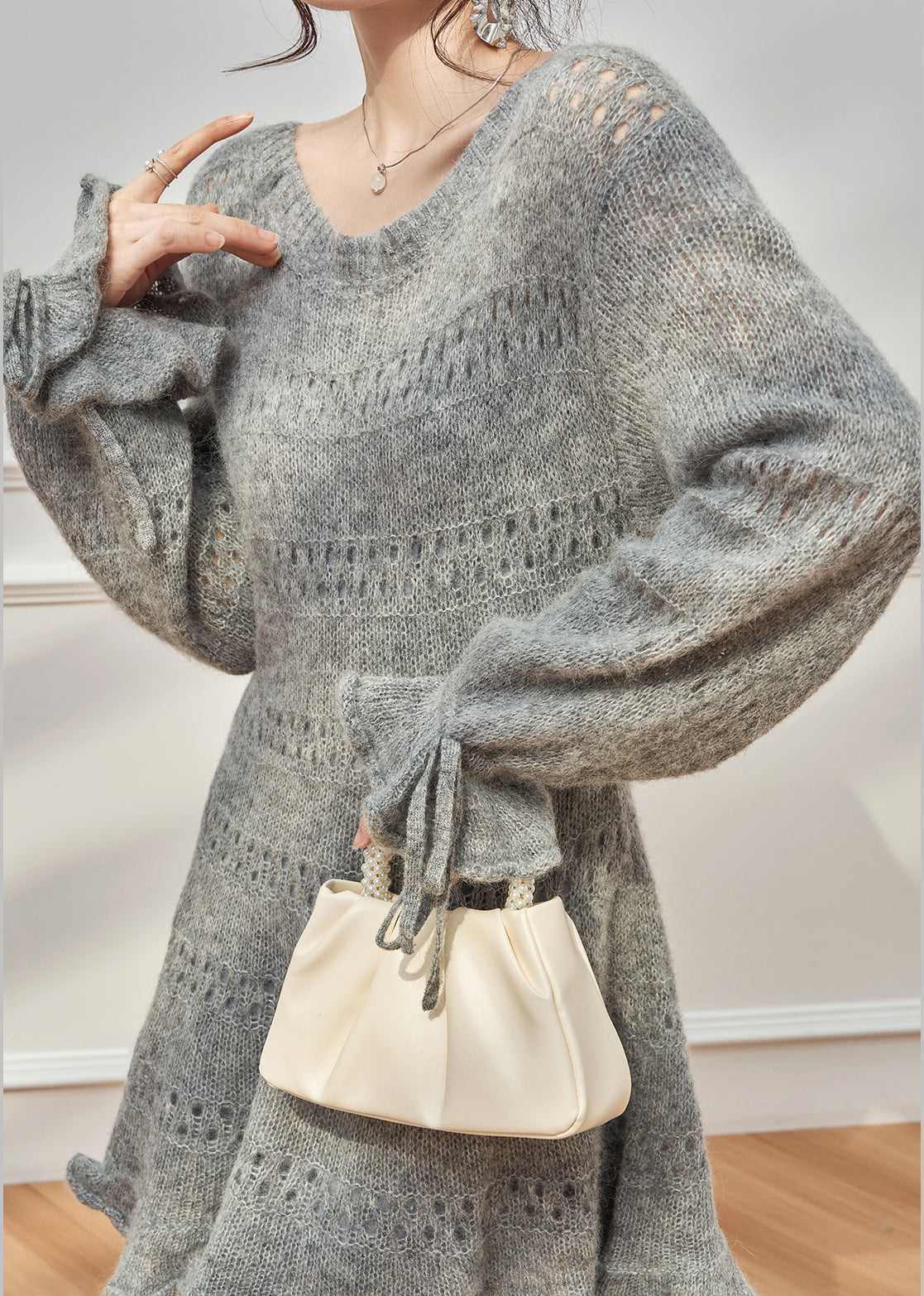 Round Neck Pointelle Mohair Knit Ruffle Cuff Tie Hem Mini Sweater Dress