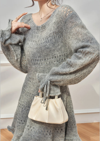 Round Neck Pointelle Mohair Knit Ruffle Cuff Tie Hem Mini Sweater Dress