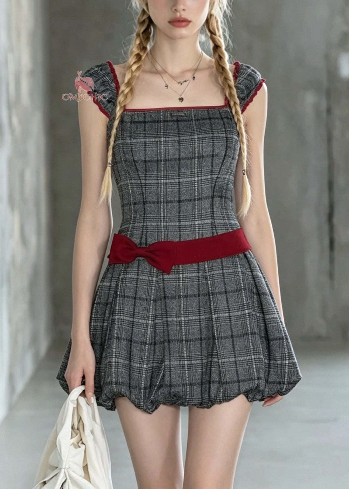 Square Collar Plaid Bow Waist Bubble Hem Mini Dress