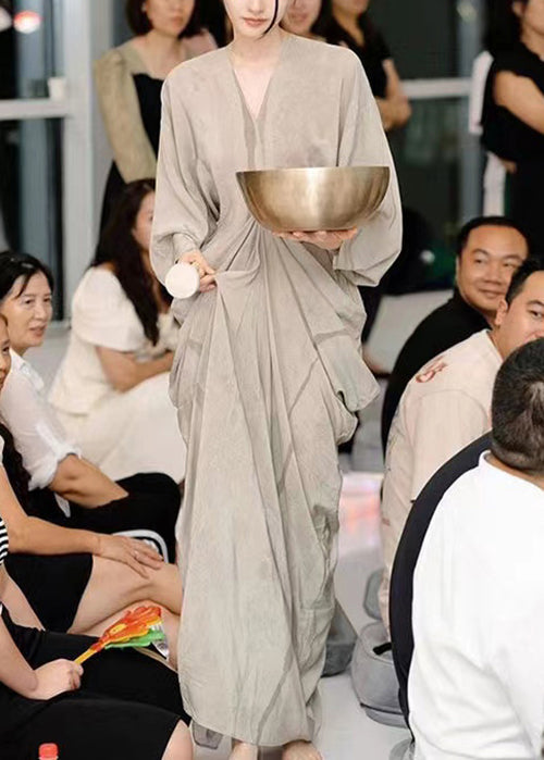 Deep V-Neck Balloon Sleeve Gathered Front Linen Maxi Dress