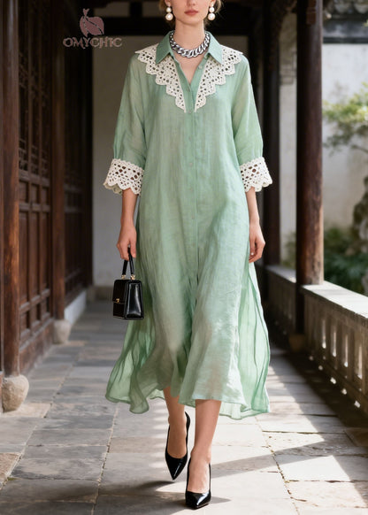 Pointed Collar Oversized Crochet Lace Collar Cuff Side Slit Linen Maxi Shirt Dress