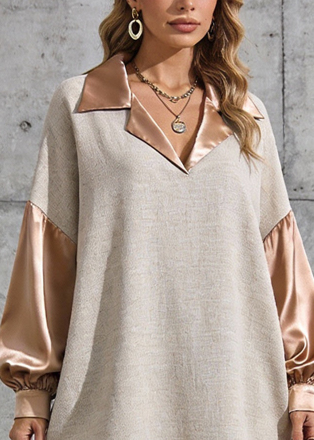 Deep V-Neck Contrast Collar Puff Sleeve Textured Woven Mini Dress