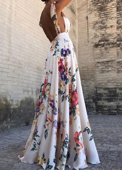 Deep V Neck Bow Shoulder Strap Large Floral Print Maxi Gown
