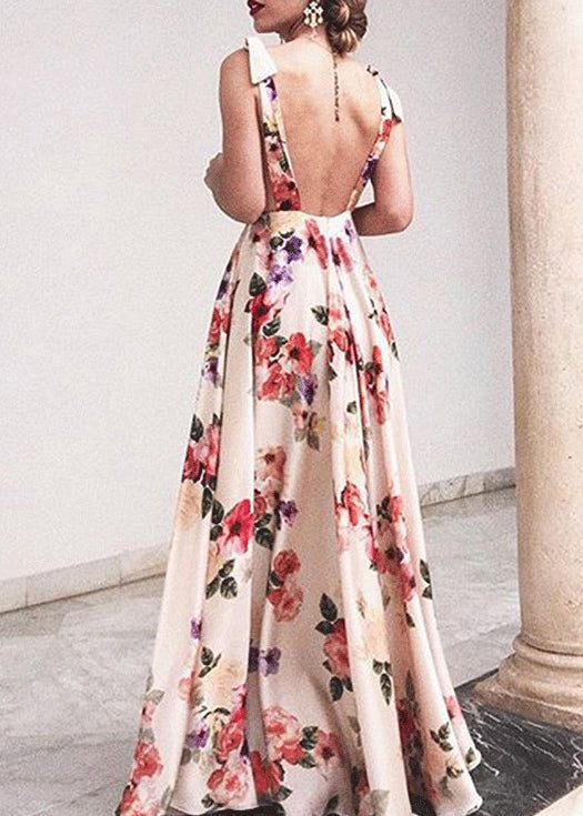 Deep V Neck Bow Shoulder Strap Large Floral Print Maxi Gown