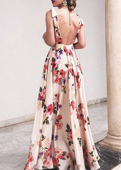 Deep V Neck Bow Shoulder Strap Large Floral Print Maxi Gown