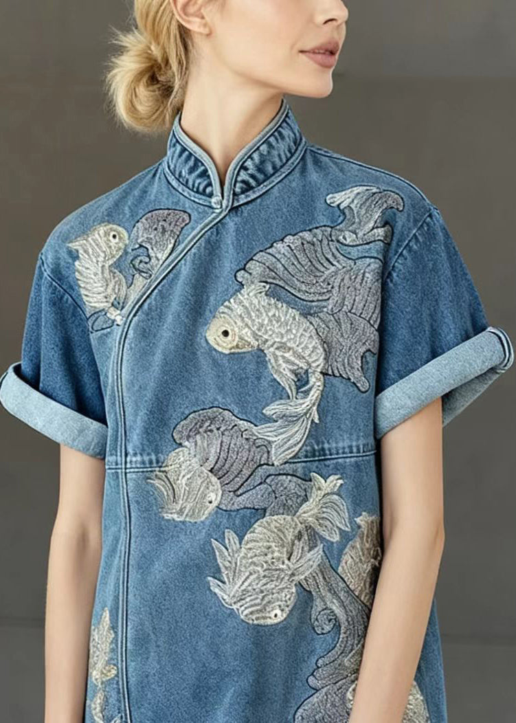 Mandarin Collar Goldfish Embroidery Denim Qipao Mini Dress