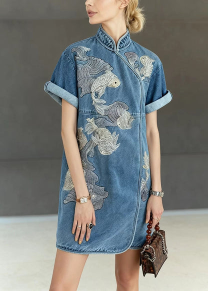 Mandarin Collar Goldfish Embroidery Denim Qipao Mini Dress
