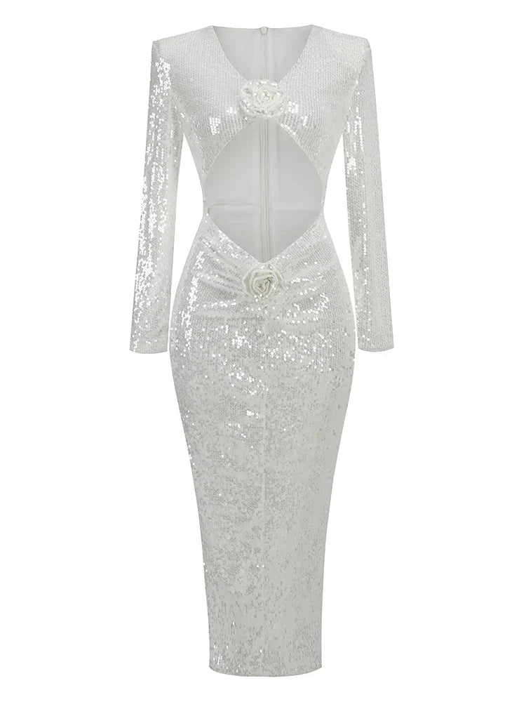 New Sexy Long Sleeves Luxury Sequins Slim Dress Hollow Flower Party Dress
