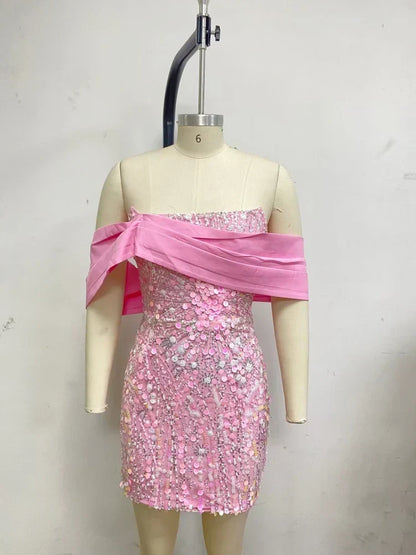 New Sexy Off Shoulder Sequins Pink Slash Neck Sparkly Elegant Party Dress