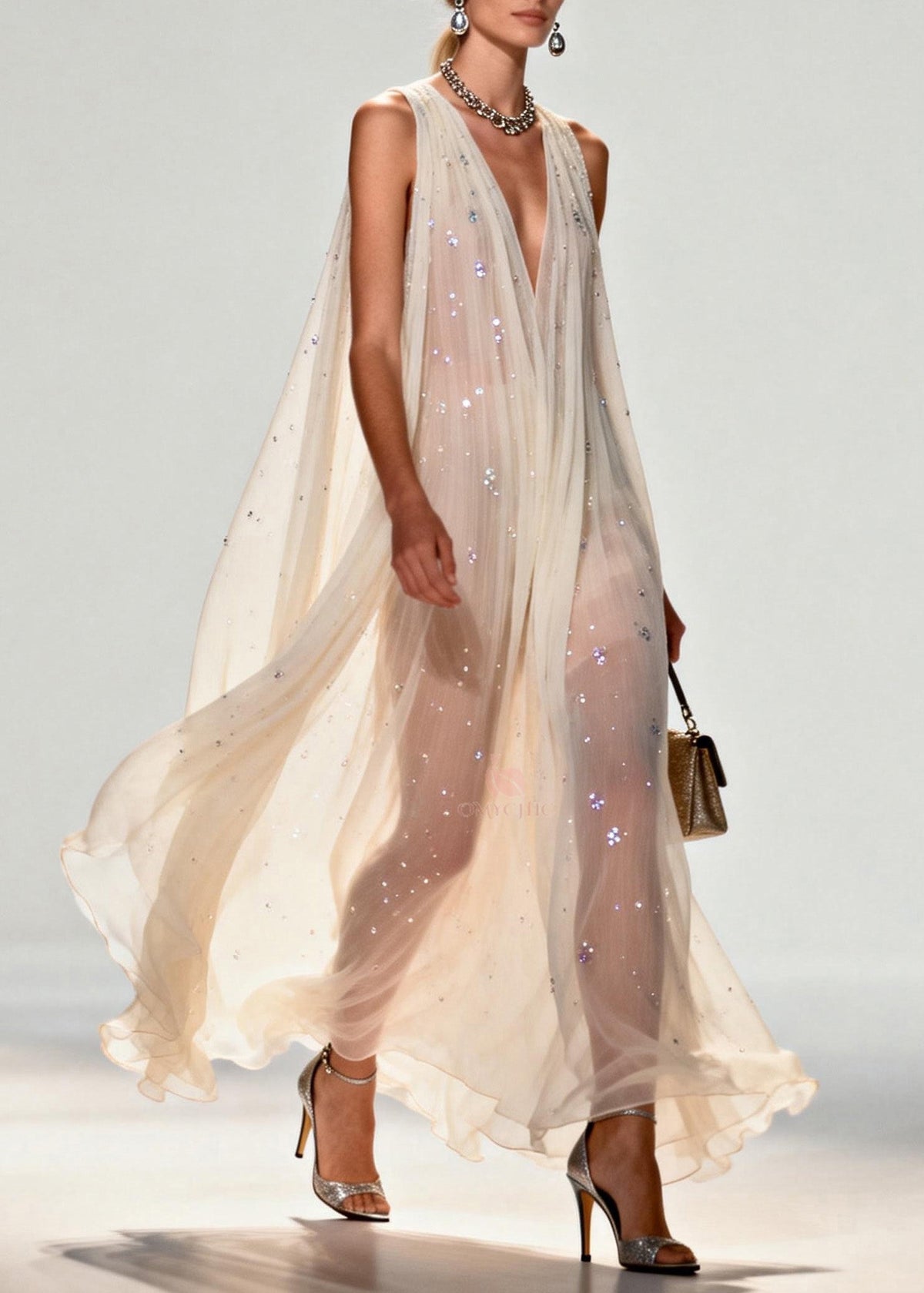 Sleeveless Deep V-Neck Pleated Sequin Embellished Cape Panel Maxi Gown