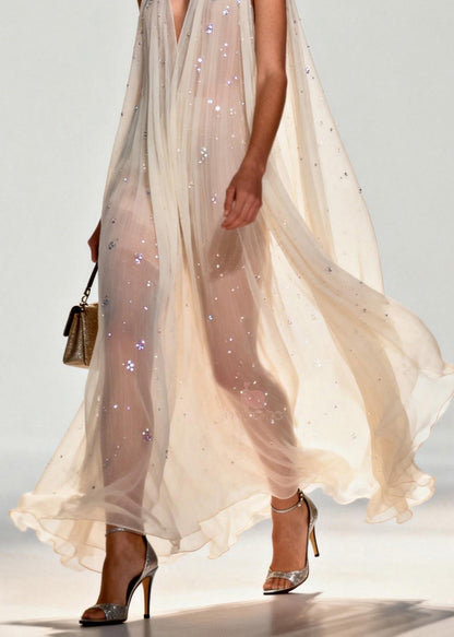 Sleeveless Deep V-Neck Pleated Sequin Embellished Cape Panel Maxi Gown