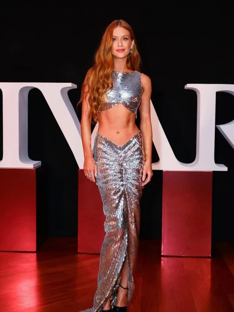 New Summer Silver Fashion Sequins Two-Piece Set Sleeveless Skirt Party Dress
