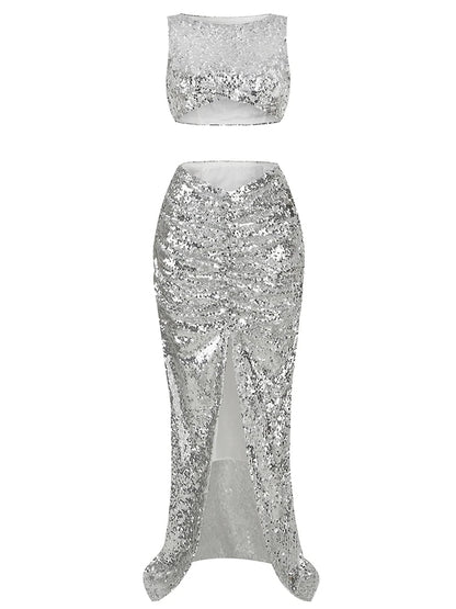New Summer Silver Fashion Sequins Two-Piece Set Sleeveless Skirt Party Dress