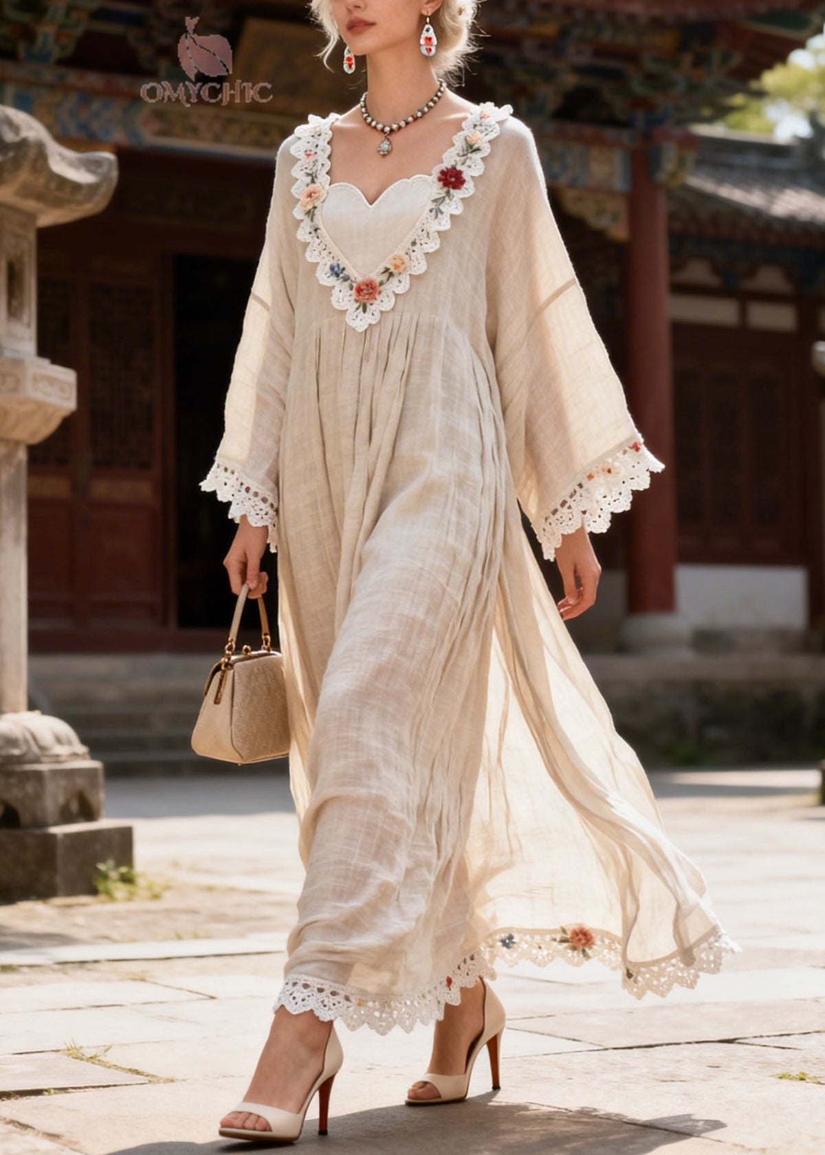 V-Neck Floral Embroidered Crochet Lace Bell Sleeve Pleated Maxi Dress