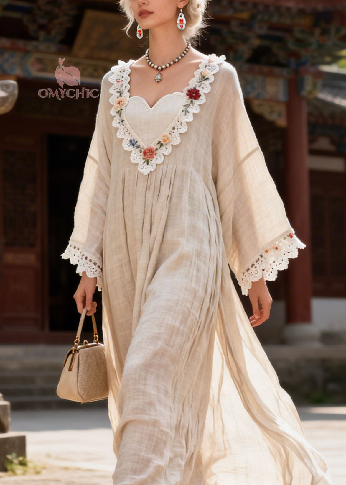 V-Neck Floral Embroidered Crochet Lace Bell Sleeve Pleated Maxi Dress